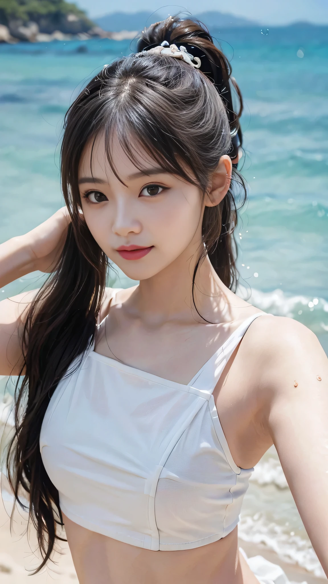 Beach,resort,white bikini,Close up face,One woman,masutepiece, The highest image quality, High quality, the background is clear,Beautiful woman, Japanese, Detailed, Detailed eyes, Detailed skin, Beautiful skin, 超hight resolution, (reality: 1.4),Very beautiful woman, Slightly younger face, Beautiful skin, slender, (Ultra photo realsisim), (hight resolution), (8K), (Very detailed) (beautifully detailed eyes), (super detailed), (Detailed face), view the viewer, Fine details, Detailed face, Staring straight ahead, Staring straight ahead, photos realistic, Bright lighting, Professional Lighting, Black hair,poneyTail,a baby face,fifteen years old,Hairstyle: ponytail,Long ponytail hairstyle,slight smile,neat and tidy clothing,Beautiful Japanese KPOP idol photo, hair style is ponytail, my eyes are double and wide, baby face, smile and look straight ahead, slender, small breasts,Close up face,