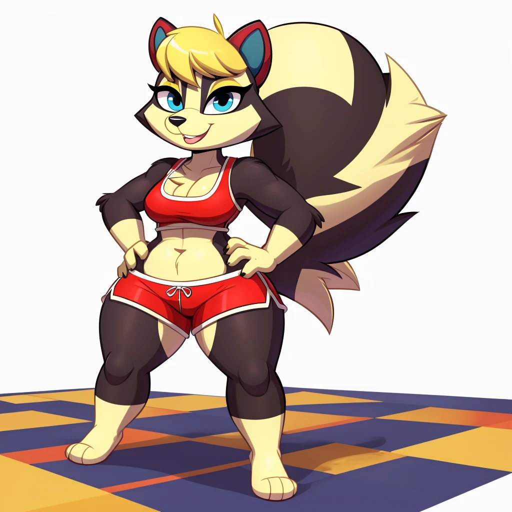 A Sexy black Anthro skunk wearing red shorts and has thick sexy thighs, standing on a Souless, lifeless, position and in a white background and hands on hips, and looking at a Yellow smiley ball on the floor, and in the STARTOONS animation aesthetic 