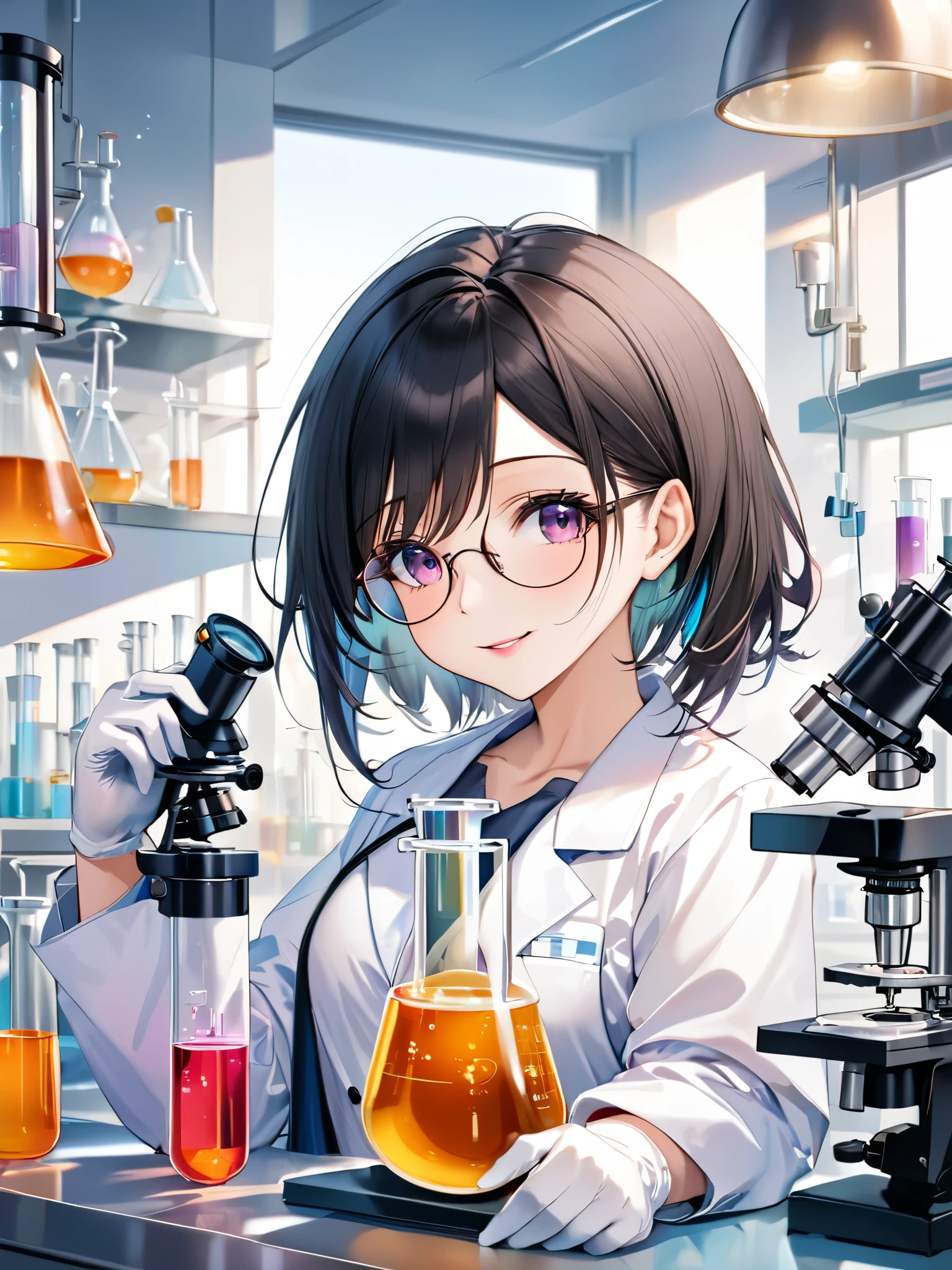 (best quarity,ultra detailed,ultra-high-resolution, 8k, masterpiece), very-cute-and-beautiful-anime-girl,highly-detailed-face-and-eyes, Intelligent woman,Black Hair,White skin,Pink Lips, Wearing a researcher's lab coat, Round rimmed glasses,White rubber gloves, Institute of Chemistry, Test tube, beaker, microscope, flask, Glancing sideways at the viewer,smile, Open your lips,