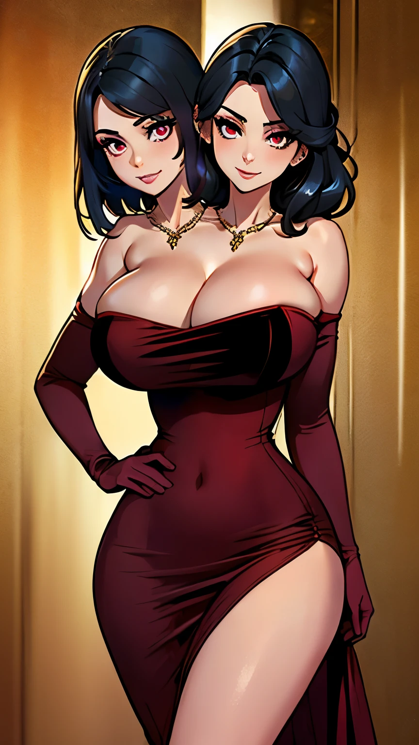 best quality, (masterpiece),(ultra-detailed), (high quality), (high resolution), ((2heads:1.5)), best quality:1.5, highres, UHD, 16K), ((two headed woman)), smiling, highres, masterpiece, ((black hair)),cleavage, ((velvet red dress:1.5)), lustrous and smooth skin, huge breasts, (mature woman), seductive silhouette, casual dress, sexy proportions, Beautiful girl with accentuated slender abs, long legs, seductive woman, ((gala party background:1.5)), ((nightclub)) necklace, body con dress, strapless, ((sleeveless)), pink eyes, (long hair), ((gala)), ((long gloves))