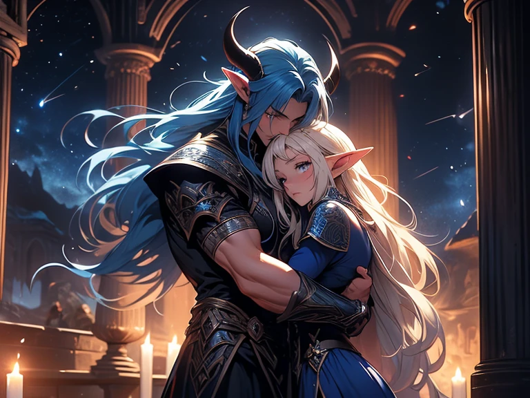 a tall male elf with huge muscles demon horns and dark blue long hair wearing armor hugging a female blonde elf in a medieval room near a pillar, dangerous huge burning meteor falling down outside from the sky, dark sky, dangerous athmosphere, lovers, male with blue hair and female blonde elf, meteors in the sky