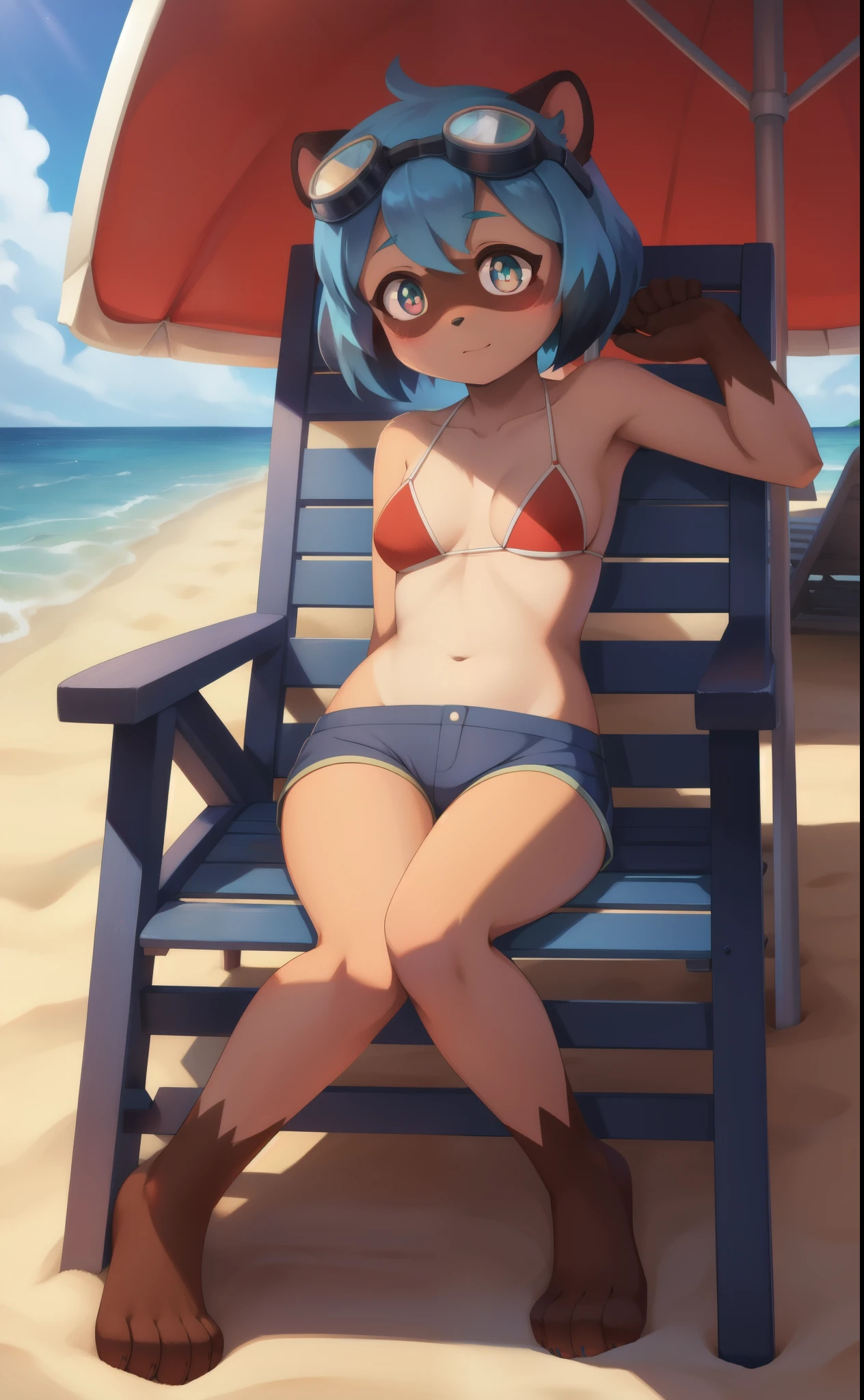  Score_9, score_8, score_7, source_anime, Anthro, jade, Anthro shark girl, grey skin, white hair with green ends, eyes covered, wearing aviator sunglasses, whistle necklace, wearing red bathing suit, sitting on a white lifeguards chair, on a lifeguard tower, legs crossed, serious expression, side view, at the beach, outdoors, lounging on a white chair,