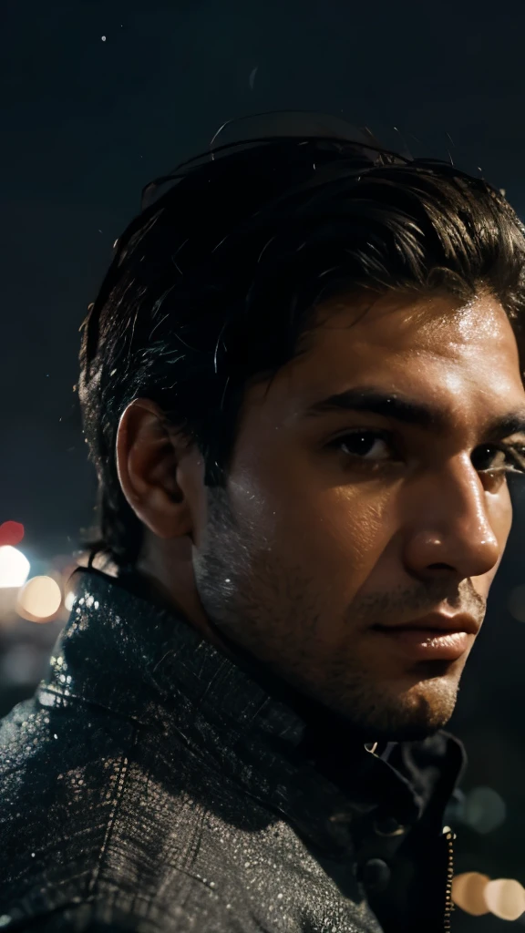 A imagem de um homem de frente para uma paisagem urbana a noite durante uma chuva