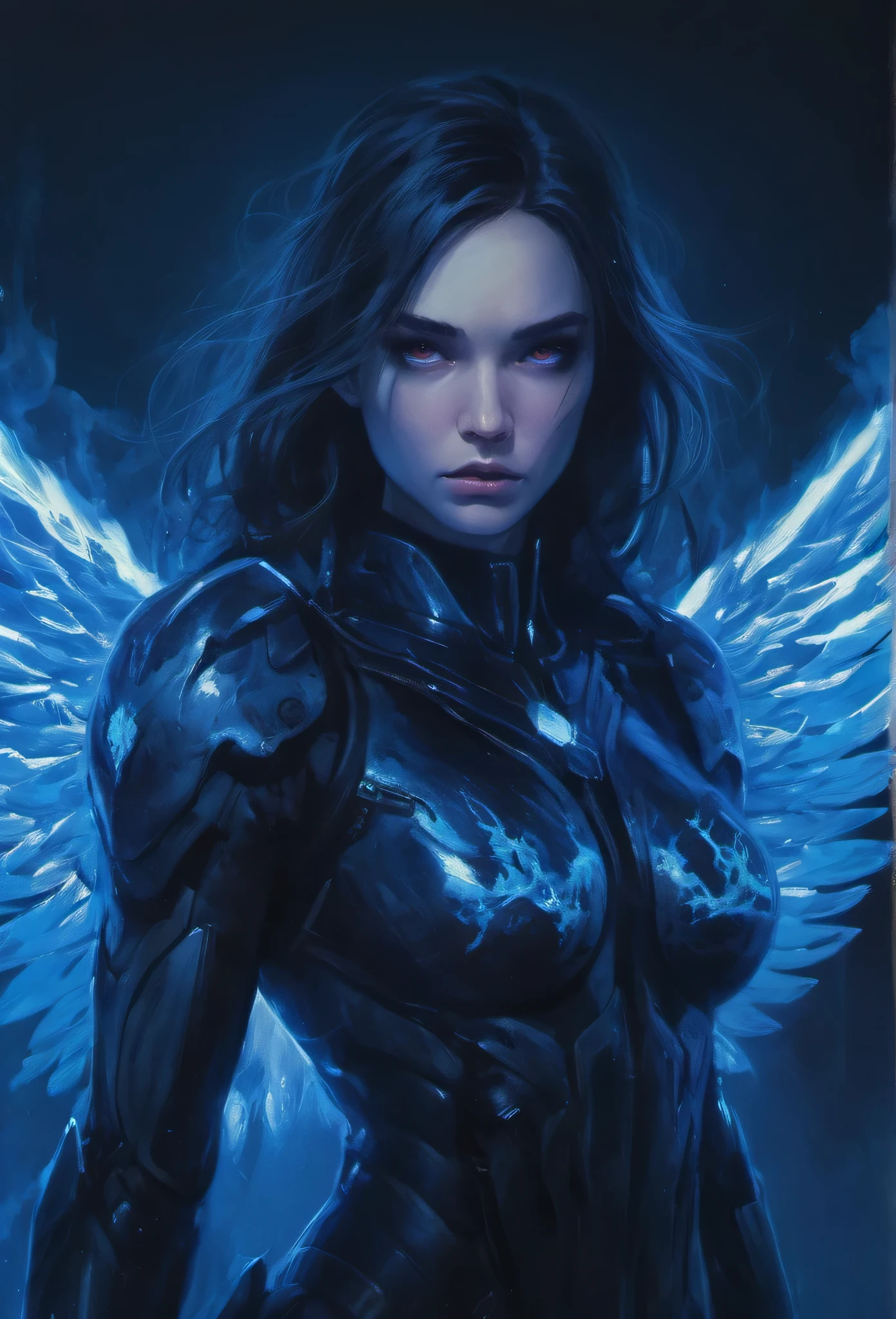 portrait, horror-themed Radiant beautiful dark angel aT amidst a field of blue flame at night, aglow with blue fire, the dark ethereal form exudes a sense of calm and tranquility in the face of the furious inferno, dark theme, distortion for emotional effect, captures feeling over (form:1.05), style of Artgerm and Ilya Kuvshinov