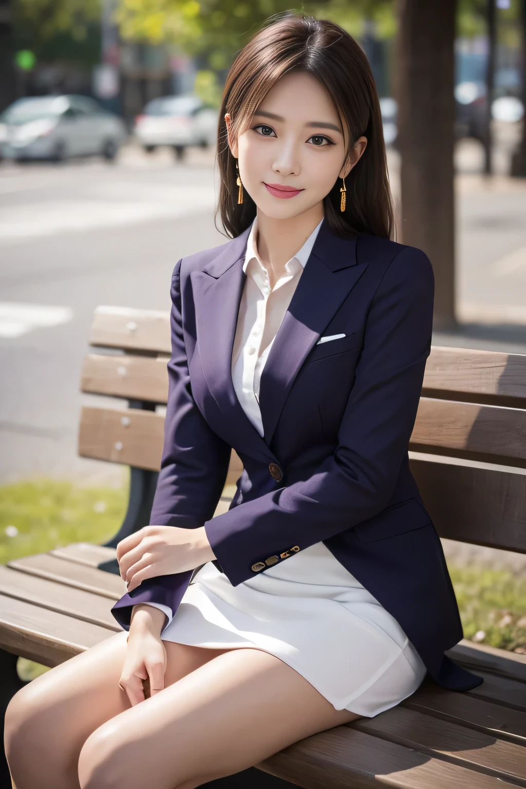 1 female), beautiful, Great face and eyes, Compensate, (Very detailedbeautiful顔), Captivating smile, (highest quality:1.4), (Very detailed), (very detailed CG integrated 8k wallpaper), Very detailed, RAW Photos, Professional photography, (Dark purple suit, White mini skirt:1.2), (A business shirt with a wide open chest), Long, light brown, unkempt hair、Big earrings、Sitting on a bench、