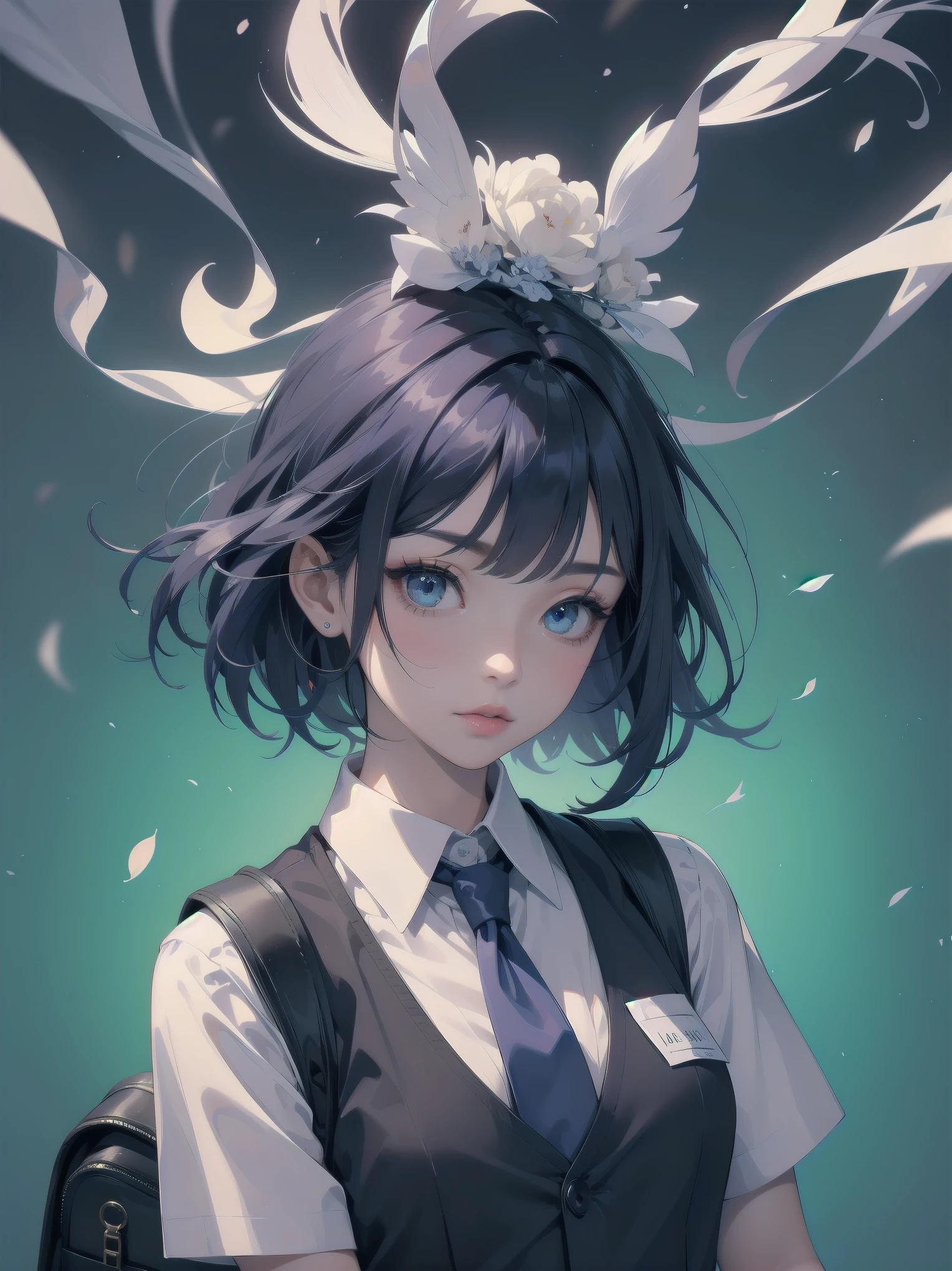 Masterpiece, top quality, super detailed, 16k, One girl, spring, high school, warm colors, school bag, accurate and highly detailed background, flock of schoolgirls in uniforms of various body shapes and hairstyles, cute. Blake. akane kurokawa, 1girl, short hair, blue hair, green eyes, black hair, medium hair, white shirt, collared shirt, , vest, white shirt, sweater vest, black vest, blue necktie, one-length bob, create bangs, add some lightness to the area around the face, and leave the ends of the hair thick throughout. dark blue-purple hair, blue eyes
