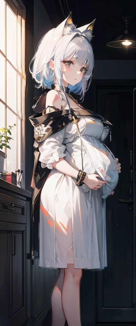 (8k, original photo, best quality, masterpiece:1.2), (Practical, photo-Practical:1.37),1 Girl, night, Professional lighting, Photon Mapping, Radiosity, Korean Doll, long traditional clothes, Gray background,Big Breasts,Pregnant women