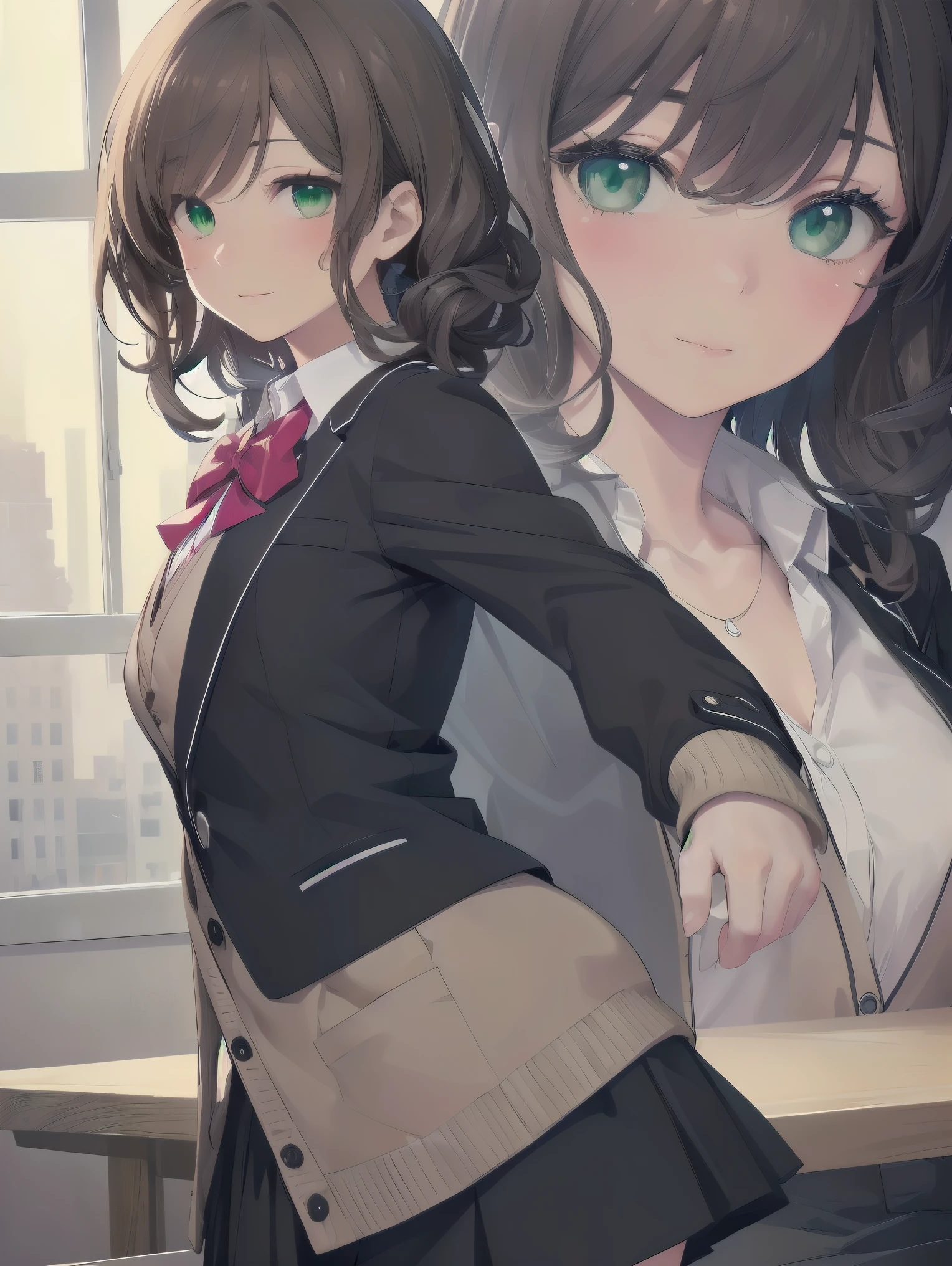 ((Tabletop, highest quality, High resolution, Perfect Pixel, Depth of written boundary, 4K))), One Girl, single, alone, Beautiful Anime Girls, Beautiful art style, Anime characters, ((Long Hair, bangs, Dark brown hair, Curly Hair:0.8)), ((Green Eyes:1.4, Fine grain, Beautiful Eyes, Perfect Eyes,Curled eyelashes, Realistic eyes)), ((Detailed face, Blushing:1.2)), ((Smooth texture:0.75, Realistic texture:0.5, Anime CG Style)), Medium chest, Dynamic Angle, Big Breasts, Perfect body, Dynamic pose, ((Red bow tie, , Black jacket, Open jacket, Brown cardigan, White shirt, Black Skirt, Checked skirt)), smile, Open your mouth, Put your arms behind your back, Leaning forward, Amalment Park