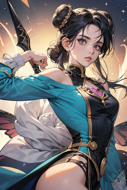 Bold-eyed, she wears her hair in two "layers": A dark base including two large buns atop her head and a short length going down her neck; above which, lightly dyed or bleached, she keeps a plait or braid that winds around both buns, joining in a short length at back, and bangs that frame her face.

Jolyne has a small star-shaped birthmark on the rear of her left shoulder, close to her neck; and has tattooed on the top of her left forearm the image of butterfly wings superimposed with a downward-pointing dagger, which reappears on the chest of her outfits. SPARKLE; GLITTER