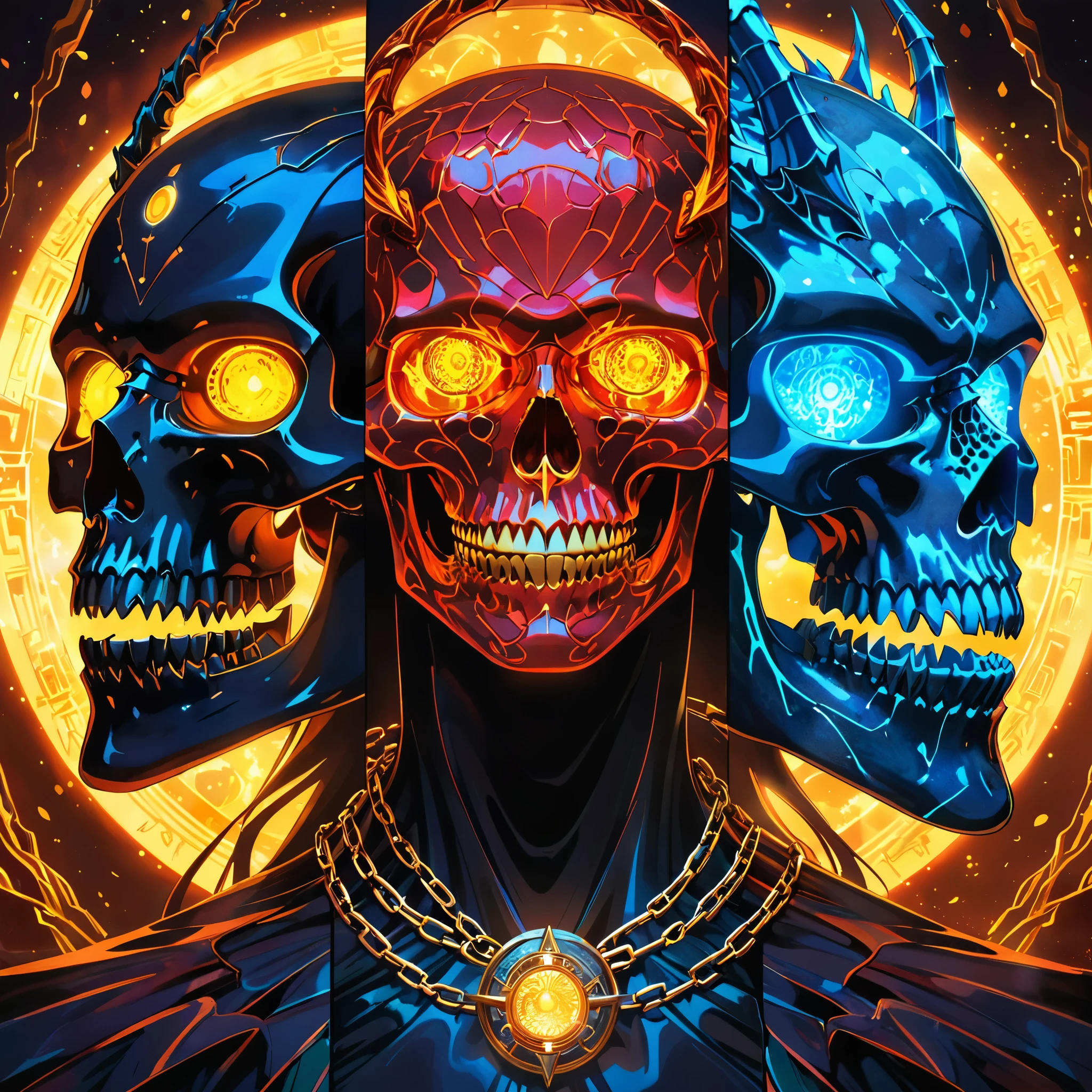 Hyper Detailed, Cinematic Light, Intricate Detail, Official Art, Detailed Glow, Tonalism, Gothic art, by Alfons Mucha, Masterpiece, Best Quality, Highres,((splitscreen of ice skull and fire dragon sskull)), red skull, blue dragon, Steel claws, neon glowing teeth, portrait, (((Gold Jewelry))), (eyes's pupil is composed of a moon-shaped image.:1.2), Miracle, Dark atmosphere, Black Forest background, ((blue Neon glowing)), Characteristics of dragons, Jewelry accessories, Diffraction peak, Vibrant colors, Concept Artist, Electronic Links, Metal chains, SplitScreen art, Surreal fantasy style