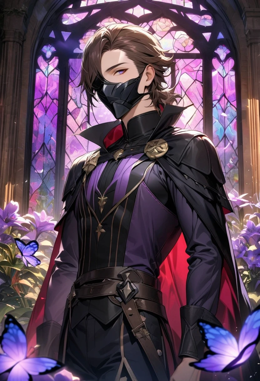 absurdres, highres, ultra detailed, HDR, master piece, best quality, Gerome, brown hair, black mask over the eyes, Fire Emblem Awakening, black cape, black tight shirt, solo, sexy man, handsome, glass stained window, purple shining butterflies, purple lilies, purple petals, garden
