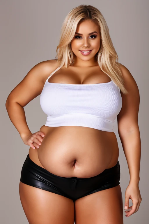 high quality, beautiful face, young 20 years old woman, ultra wide shot, white crop top, leather short shorts, black shorts, blonde hair, long hair, best studio shooting, detailed background, abs, navel, full body shot, weitwinkel, curvy body, plump body, huge big ass, thick body, curvy body type, voluptuous body type, busty body type, thick body type, big chest, big