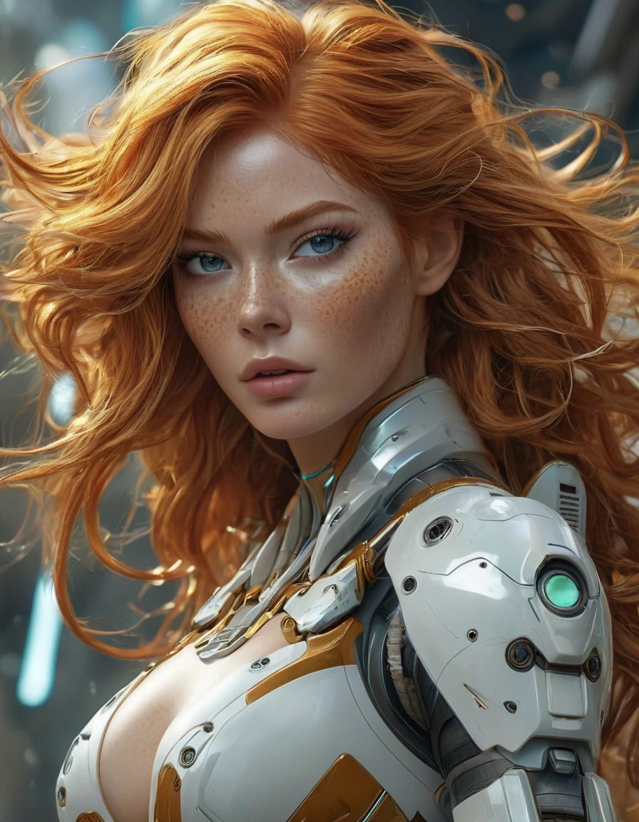 cyborg (crazy long ginger wild hair), cinematic shot, epic pose, futuristic weapon, full artwork, fine detail, perfect beautiful cute face with freckles, nice legs, cute crisp eyes, nice perfect face with soft skin, nice perfect face, concept art portrait by Greg Rutkowski, extremely beautiful face, white hair, ginger side hair color, ginger back hair, fantasy artwork