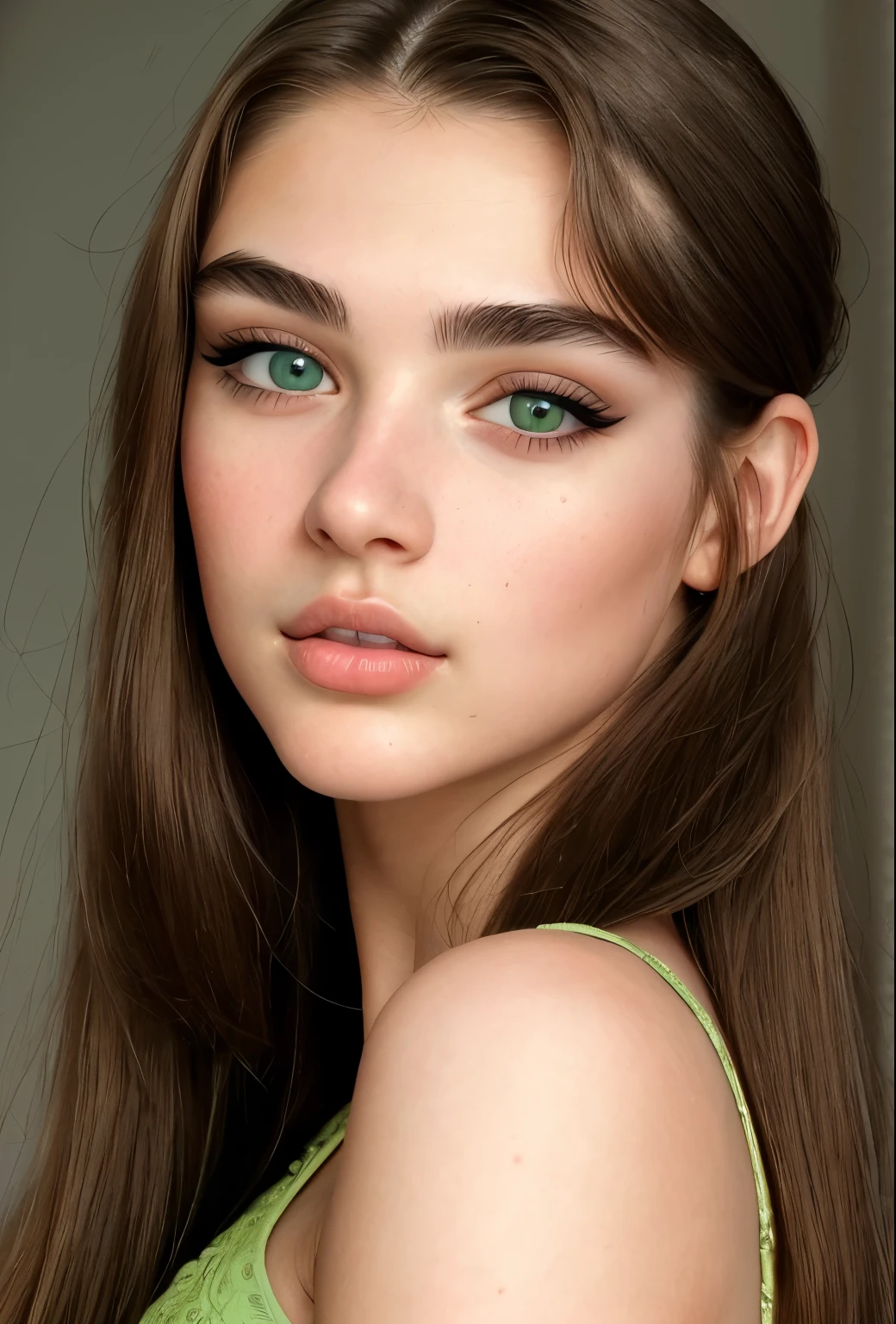 young woman of 20 years old, with soft white skin, long light brown hair, medium-sized eyes, green eyes, long eyelashes, thick eyebrows, pronounced cheekbones, full lips, diamond-like face, refined nose, thin and fine neck, with brake light, realistic image quality, super detailed, 4k, mysterious, cute,