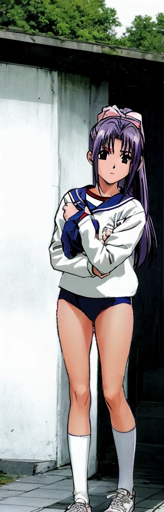 Momoko Koigakubo, a tall girl with beautiful legs, is smiling and standing by an indoor pool in a bright blue, high-cut competitive swimsuit with the arena logo on it.。