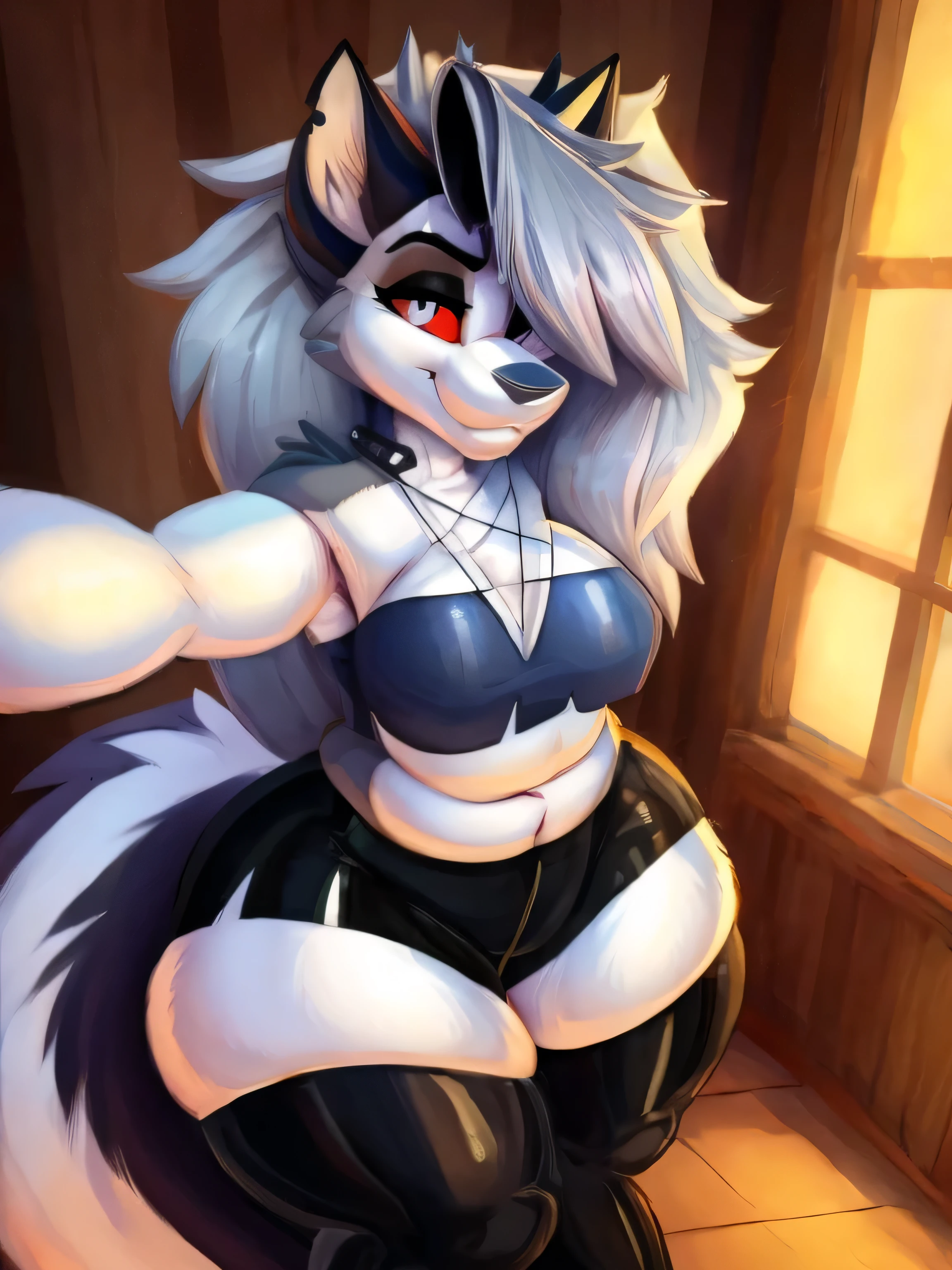 (Loona:1.2), peludo, bermuda de couro fino, gordinha, peitos grandes, bunda enorme, 1 garota, Sozinho, selfie, olhando para o espectador, por freeedon, por Kilinah, de Coffeesoda, FAT BELLY, BIG FAT THIGHS, FAT ASS, BIG BREASTS