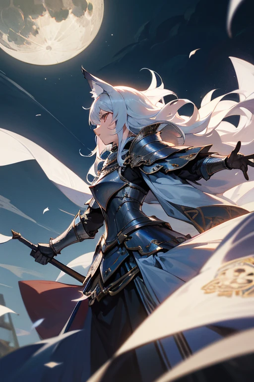 Wolf Knight, fine armor, Intricate Design, Silver, silk, Cinema Lighting, 4K, Floating Hair, sharp、Barking at the moon、