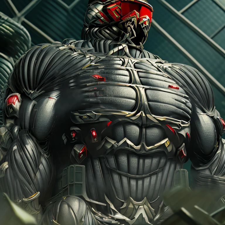 8K, Masterpiece, highres, future fiction. red visor, Detailed head, Detailed Body,full body, Detailed abs, wearing crNanosuit, big muscle (pecs, triceps, traps) unusually developed muscular body, body full of huge muscles. showing off muscles, pectorales enormes. Exaggeratedly huge muscles. Gigachad Muscular, gigantic muscles, Colossal giant NANOSUIT over a battlefield,