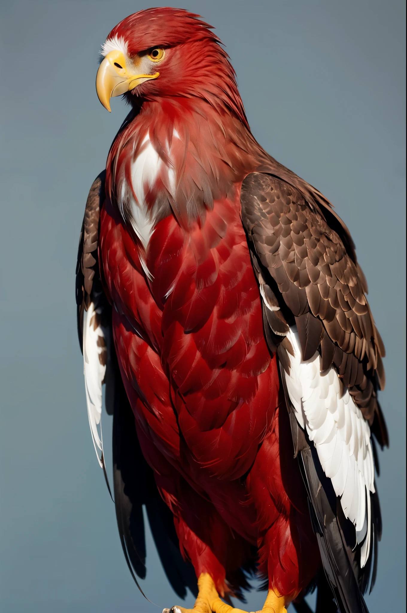 A red-feathered eagle,Standing front,Facing the camera,Front view,Solid color background。