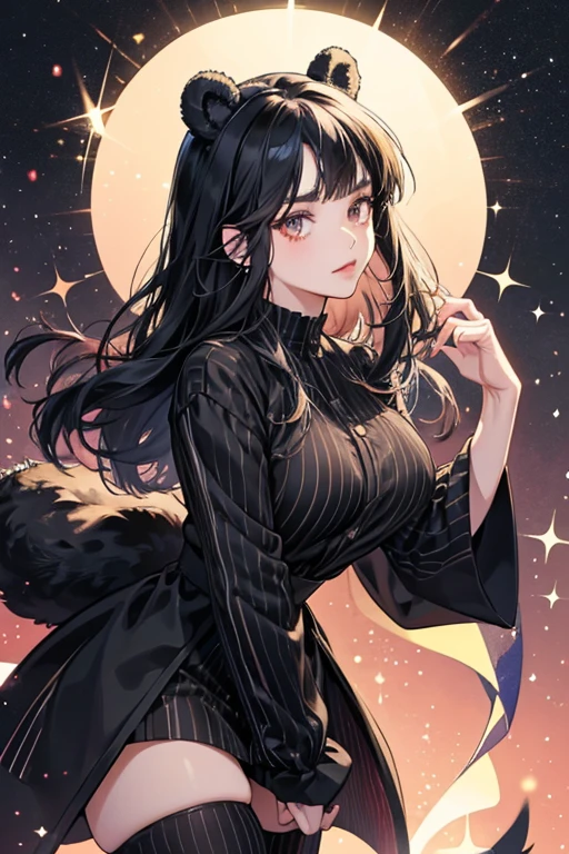 She has black, chin-length hair with eyebrow-level bangs, and large, dark eyes. Her outfits usually feature headwear with faux bear ears. She also wears vertically-striped thigh highs. SPARKLE; GLITTER
