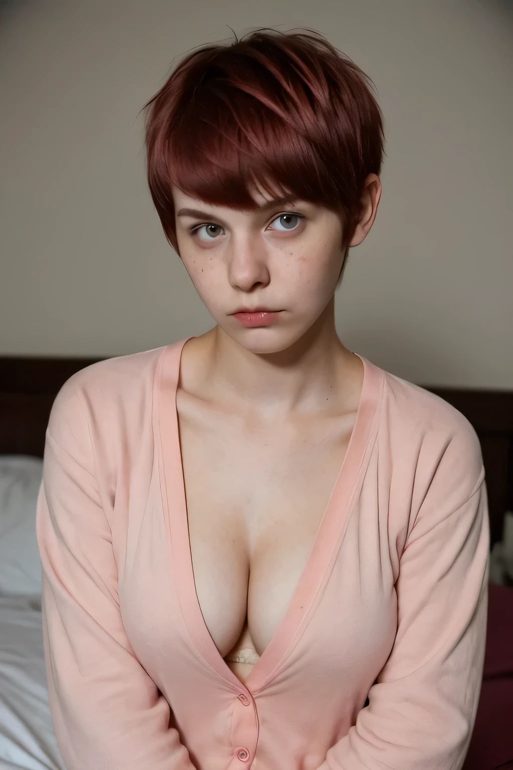 super cute 18 yo woman in a dark theme, cleavage, frowning, pink pajamas, red hair. Bedroom. Pixie cut
