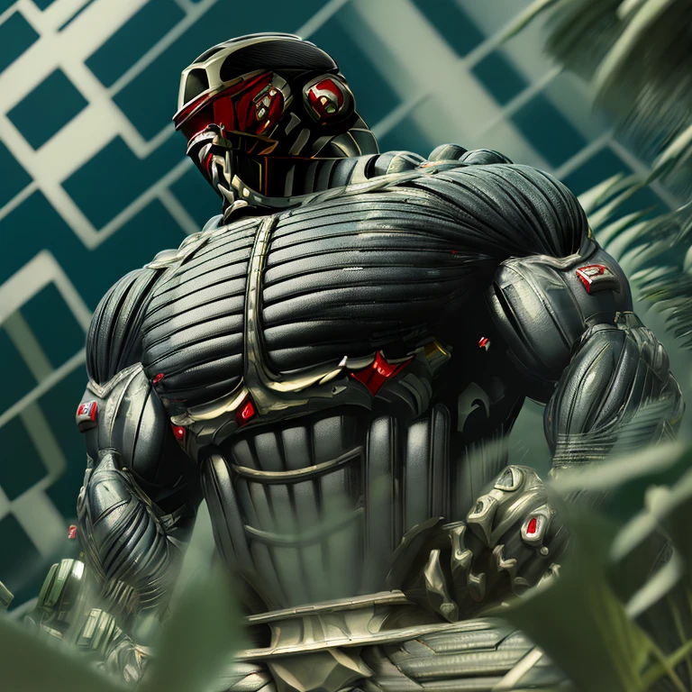 8K, Masterpiece, highres, future fiction. red visor, Detailed head, Detailed Body,full body, Detailed abs, wearing crNanosuit, big muscle (pecs, triceps, traps) unusually developed muscular body, body full of huge muscles. showing off muscles, pectorales enormes. Exaggeratedly huge muscles. Gigachad Muscular, gigantic muscles, giant, HYPER MUSCLE