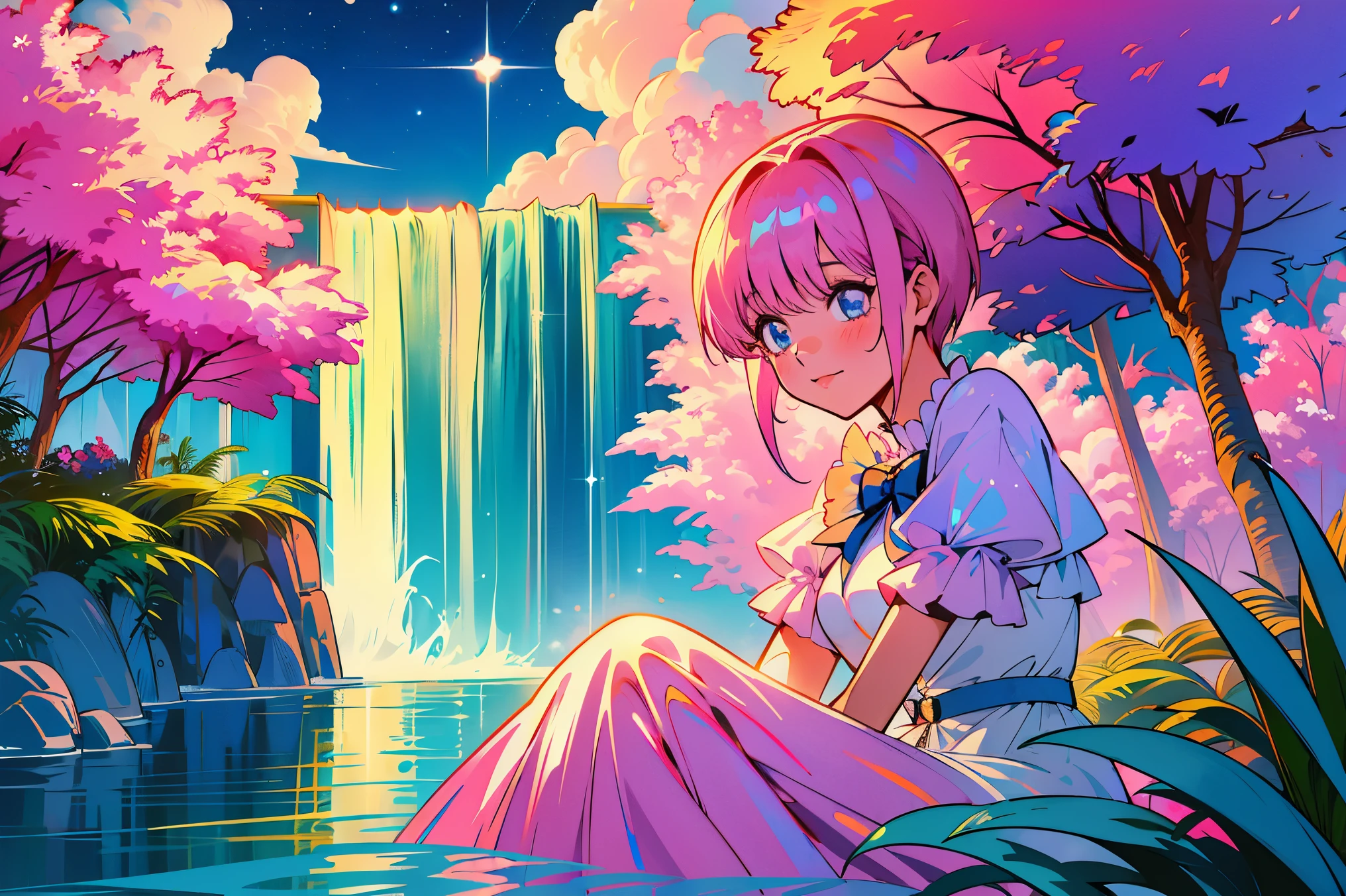 Scenery, light blue sky, 1girl, ichika sitting in the waterfalls, cloud, sitting on rocks in the middle of the waterfall, magical photography, ultra-detailed, 4k, Depth of field, High-resolution, outdoors, starry night sky, starts made of iridescent tears, pastel aesthetic colors, sfw, nakano_ichika, aaichika, Nakano ichika sitting in the waterfall, short silky pink hair, masterpiece, 4k, ultradetailed, cowboy shot, nakano ichika, blue eyes, sparkling eyes, green bowtie, veiled pretty iridescent dress, minimal dress, attractive confident smile, happy, cute, Official art、Beautifully Aesthetic:1.2)、(a beauty girl:1.3)、vivid colours、colourful, Soft Light, Deep Focus Bokeh, fantasy, galaxy, sparkling, splendid, colorful, dramatic lighting, intricate details, (1 girl, solo, alone), intricate details, sfw, nakano_ichika, sparkling eyes, laughing happily, crystal, fantasy, shimmering, sparkling, splendid, colorful, bright colours. fix her hands