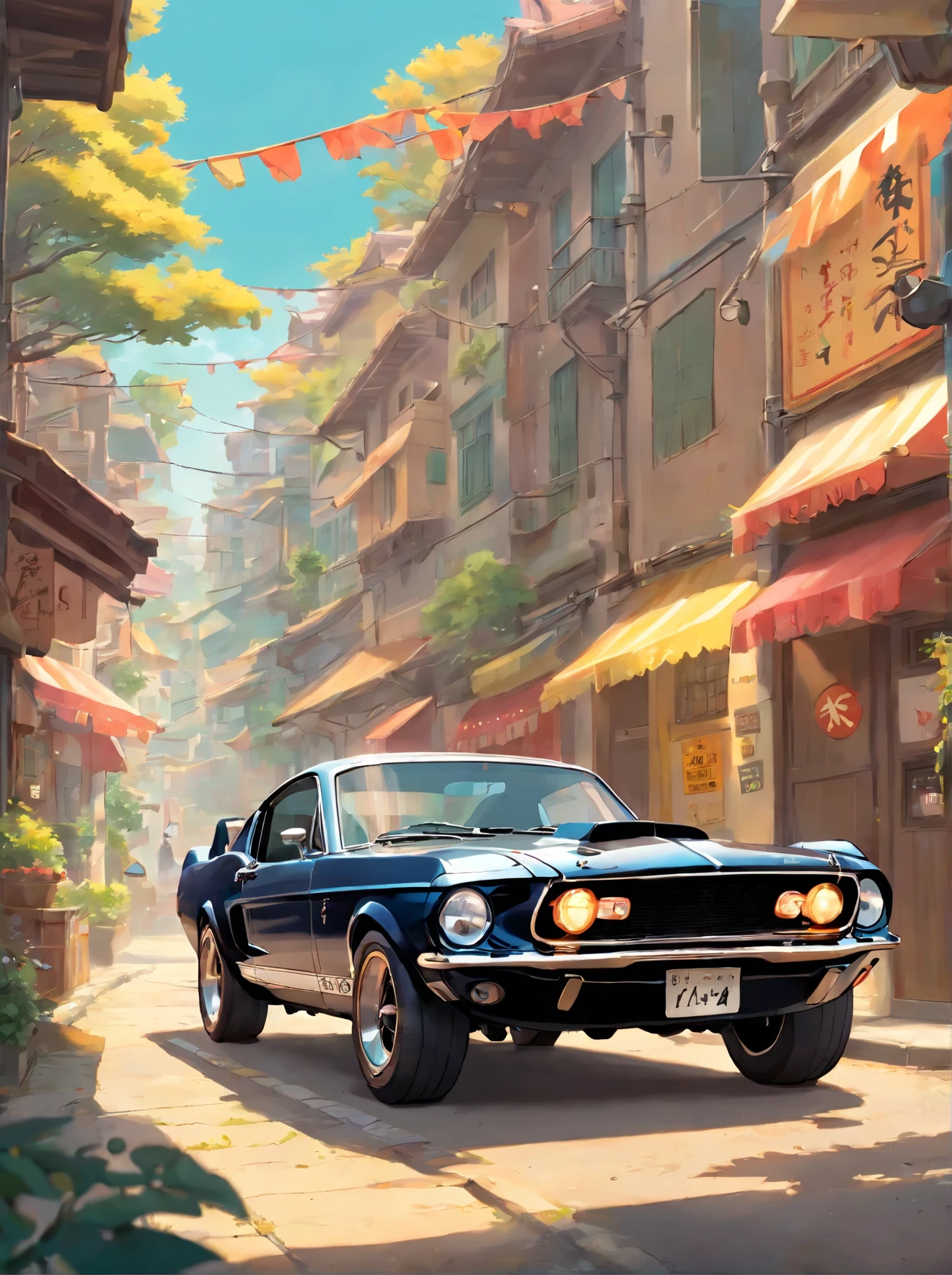 Graphic design,ultra realistic, flat design, 1968 Ford Mustang Black Shelby, clean highly detailed, photorealistic masterpiece, professional photography, realistic car, apocalyptic pos background, isometric, vibrant color vector, sharp focus, volumetric mist, 8k UHD, DSLR, high quality, grain film, Fujifilm XT3