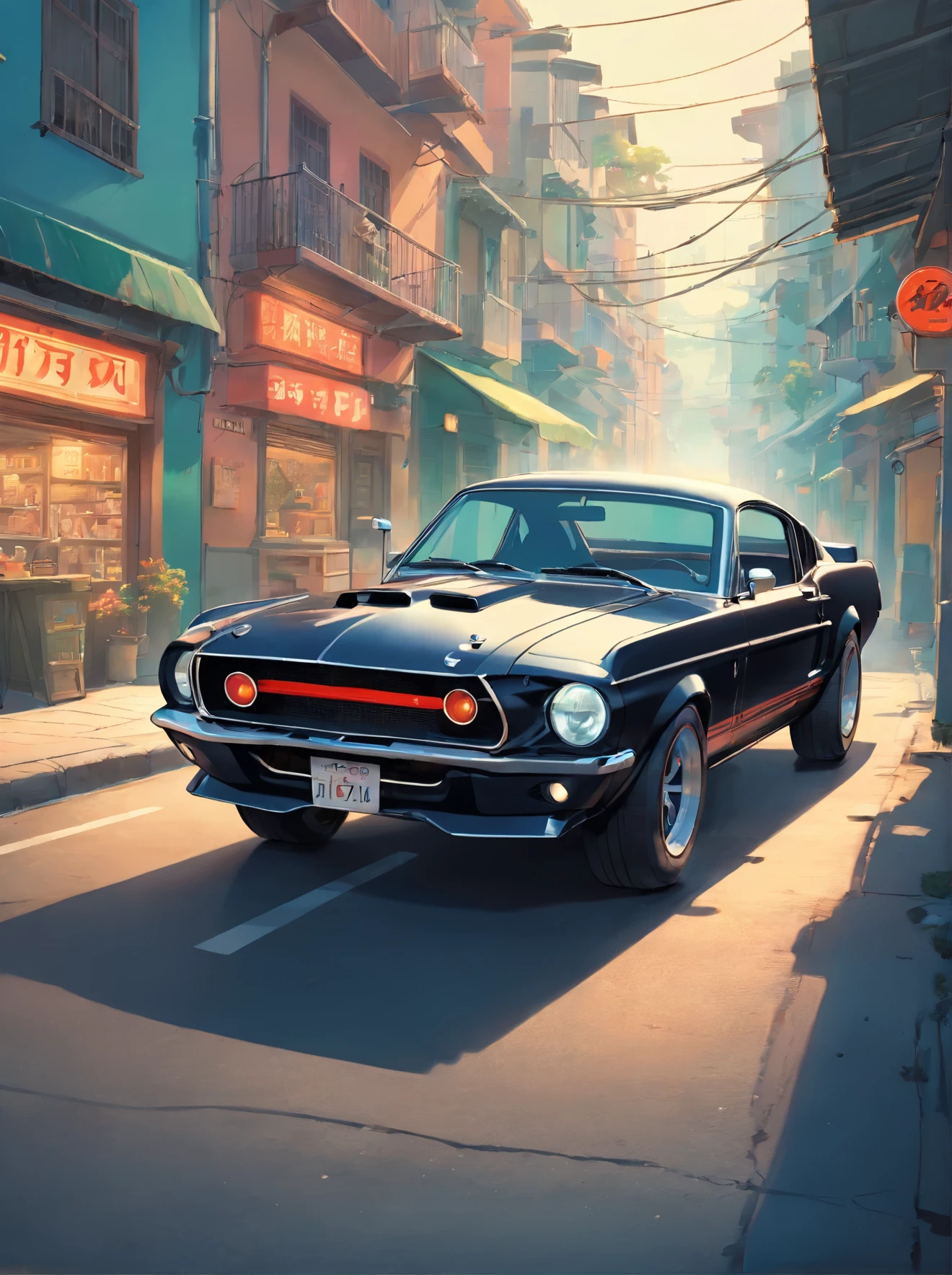 Graphic design,ultra realistic, flat design, 1968 Ford Mustang Black Shelby, clean highly detailed, photorealistic masterpiece, professional photography, realistic car, apocalyptic pos background, isometric, vibrant color vector, sharp focus, volumetric mist, 8k UHD, DSLR, high quality, grain film, Fujifilm XT3