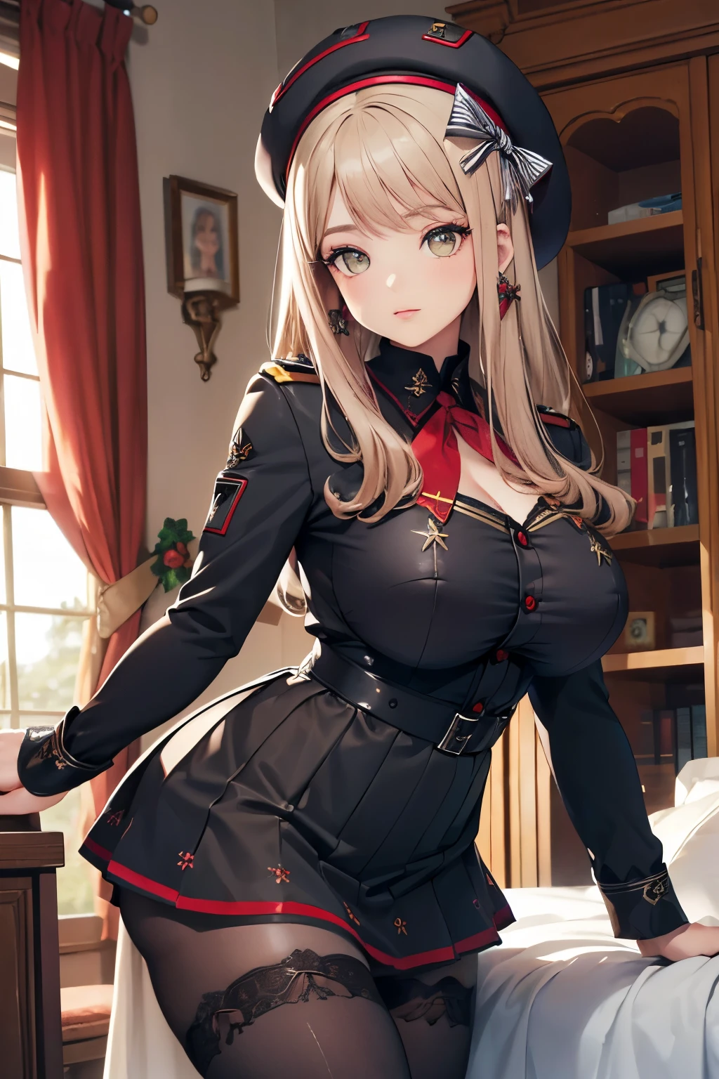 (paysage ville), (finely detailed eyes and detailed face:1.3), (extremely fine and beautiful:1.1), (Perfect details:1.1), nikke, emmadef, beret, bow, skirt, jacket, pantyhose, black shirt emmawinter, white thighhighs