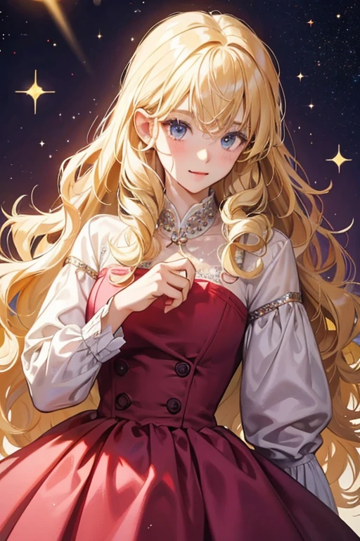 with blonde, curly hair. She wears formal clothes and is seen wearing dresses. SPARKLE; GLITTER