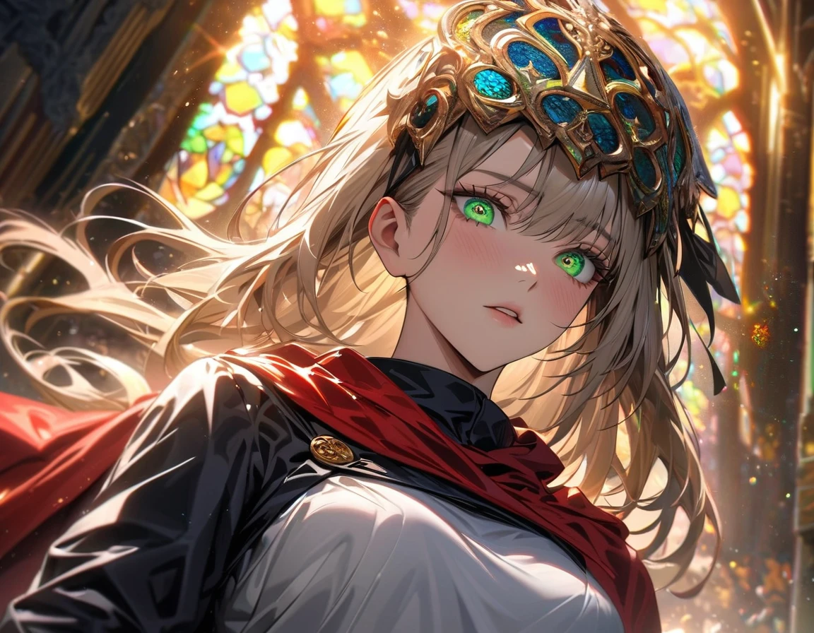 Ultra detailed, Highres, absurdres, HDR, master piece, Aida, ash blond hair, expressive green eyes, extremely beautiful, Jujutsu Kaisen, black ribbon on her head, woman, solo, extremely detailed eyes and face, white dress with patters, red cape, black gloves, golden stained glass, glittering, sunlight,