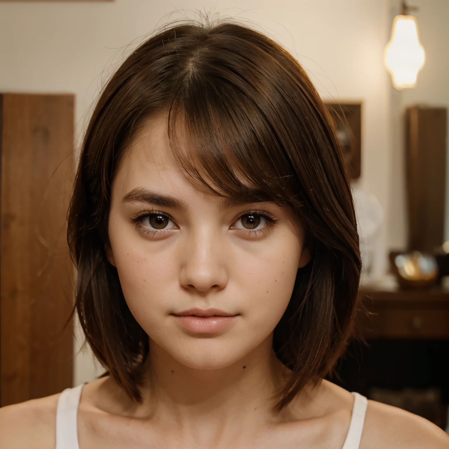 Round face brown eyes white skin brown hair 