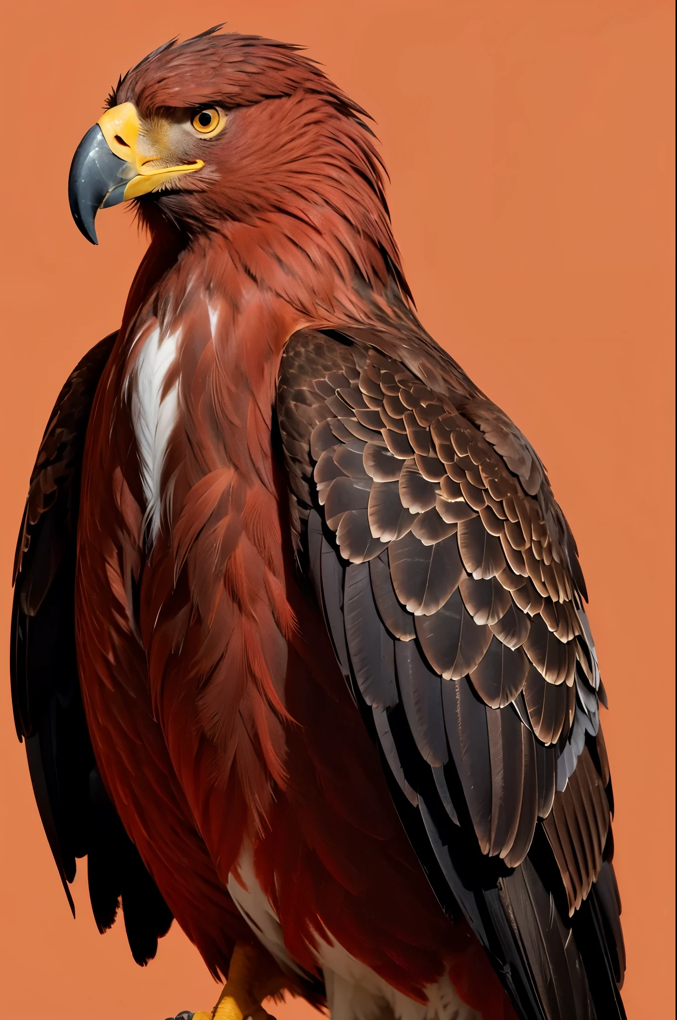 A red-feathered eagle,Camera front view,Solid color background