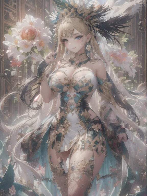 過去最高のmasterpiece、beautiful美しさ, 3D 2D, rich, blonde, skirt, stockings, High heels, star、(Very detailedな CG Unity 8k 壁紙),(masterpiece), (highest quality), (Very detailed), (Best Work),(Best Shadow), (sharp eyeliner, eye shadow, fine eye:1.1), (超High resolution,Realistic,Realistic),(8k,RAW Photos),Mature Woman、Sensual curves、Huge breasts、Thighs、bubble、お尻のmasterpiece, full body shot, beautiful女性, Captivating smile, Thick lips, Plumpとした唇, blush, Looking at the audience, Provocative expression, beautiful髪型, Cleavage, Plump、Curvy Hips、Attractive face、Sexy Dress、An inviting gaze、Expressing emotions、(((Erotic dresses)))、Gorgeous Accessories 、Big Breastsの女性, Blonde, colored feather, metal ornaments, colored Flowers, particle, Light, (1 girl:1.3),(Fractal Art:1.1),(colorful:1.1)、(Flowers:1.3),Most detailed,(Tangled:1.2), (Dynamic pose), (Abstract background:1.3), (Shiny skin), (Many colors :1.4), ,(Earrings:1.4), (feather:1.4),masterpiece, highest quality, Very detailed, 30~40 years, full body shot, beautiful 、Various Hair Styles,Gold headband,Ample breasts,beautiful butt,Greek clothing,Tulle covers the chest,Perfect balance, Costume details Details,marble,cinematic Lighting, Film Grain, Attention to detail, Openwork decoration,(((colorfulな最高級ドレス)))、(((解剖学的に正しいbody))) ,Big Breasts,Cowboy Shot, blush, (((1 girl))), Perfect Face, (((highest quality))), (Very detailed), detailed face and eye, (alone), High resolution、beautifuleye,(((Sexy pose)))、(((整ったBig Breasts)))、((beautiful eye))、luxury、(((超High resolution)))、(((Detailed Description)))、(((ぽっちゃりbody型)))、(((解剖学的構造に一致したbodyの部位)))、beautiful長いまつ毛、バランスのとれたbody型,The legs and arms are just the right size、Fishnet tights、glamorous、(((Clear white and black eye)))、lipstick、Shine、(Undistorted face, eye, body)、jewelry、gem、(長くカールしたbeautifulまつ毛)、(((バランス良いbeautiful胸)))、(transparent, Exquisite skin:1.2)、(((完璧なglamorousボディー)))、Actress's face、Super beautiful、Cute Smile、Healing beauty、Flower Shower、(((完璧なeye)))、Realistic depiction、Super sexy、Shiny、glamorous、double eyelids、Excellent shadow correction、(((ぼやけていないeye)))、(((Plump face)))、Cute face 、(((ShinyShine肌))) 、(((Gorgeous long dress)))