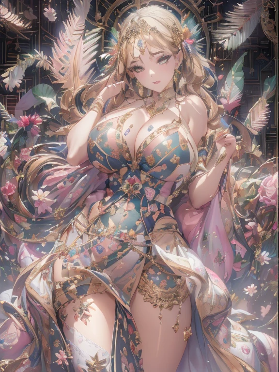 過去最高のmasterpiece、beautiful美しさ, 3D 2D, rich, blonde, skirt, stockings, High heels, star、(Very detailedな CG Unity 8k 壁紙),(masterpiece), (highest quality), (Very detailed), (Best Work),(Best Shadow), (sharp eyeliner, eye shadow, fine eye:1.1), (超High resolution,Realistic,Realistic),(8k,RAW Photos),Mature Woman、Sensual curves、Huge breasts、Thighs、bubble、お尻のmasterpiece, full body shot, beautiful女性, Captivating smile, Thick lips, Plumpとした唇, blush, Looking at the audience, Provocative expression, beautiful髪型, Cleavage, Plump、Curvy Hips、Attractive face、Sexy Dress、An inviting gaze、Expressing emotions、(((Erotic dresses)))、Gorgeous Accessories 、Big Breastsの女性, Blonde, colored feather, metal ornaments, colored Flowers, particle, Light, (1 girl:1.3),(Fractal Art:1.1),(colorful:1.1)、(Flowers:1.3),Most detailed,(Tangled:1.2), (Dynamic pose), (Abstract background:1.3), (Shiny skin), (Many colors :1.4), ,(Earrings:1.4), (feather:1.4),masterpiece, highest quality, Very detailed, 30~40 years, full body shot, beautiful 、Various Hair Styles,Gold headband,Ample breasts,beautiful butt,Greek clothing,Tulle covers the chest,Perfect balance, Costume details Details,marble,cinematic Lighting, Film Grain, Attention to detail, Openwork decoration,(((colorfulな最高級ドレス)))、(((解剖学的に正しいbody))) ,Big Breasts,Cowboy Shot, blush, (((1 girl))), Perfect Face, (((highest quality))), (Very detailed), detailed face and eye, (alone), High resolution、beautifuleye,(((Sexy pose)))、(((整ったBig Breasts)))、((beautiful eye))、luxury、(((超High resolution)))、(((Detailed Description)))、(((ぽっちゃりbody型)))、(((解剖学的構造に一致したbodyの部位)))、beautiful長いまつ毛、バランスのとれたbody型,The legs and arms are just the right size、Fishnet tights、glamorous、(((Clear white and black eye)))、lipstick、Shine、(Undistorted face, eye, body)、jewelry、gem、(長くカールしたbeautifulまつ毛)、(((バランス良いbeautiful胸)))、(transparent, Exquisite skin:1.2)、(((完璧なglamorousボディー)))、Actress's face、Super beautiful、Cute Smile、Healing beauty、Flower Shower、(((完璧なeye)))、Realistic depiction、Super sexy、Shiny、glamorous、double eyelids、Excellent shadow correction、(((ぼやけていないeye)))、(((Plump face)))、Cute face 、(((ShinyShine肌))) 、(((Gorgeous long dress)))