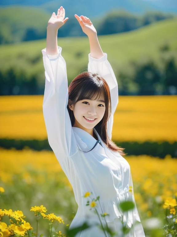 Photo-realistic quality、花畑でPauseをとる女性がいる, Pause(Raise the hand + Happy), Chiho, Portrait of a Japan teenager、 Young Gravure Idol、smile、In the foreground is a yellow flower field、The background is a green forest、Blur the background a lot、Shot with a 200mm lens、Wearing a white blouse、Morning Clearance々Shining rays、No flare、looking at the camera