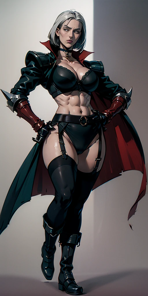 ((Plain background 1:2)) (Cammy White Street Fighter white silver short bob haircut) Female full body standing straight symmetrical looking to the viewer RED full body armored (handcuffs, shackles, rerebrace, faulds, poleyn, gauntlets, leather collar choker, gloves, gauntlets, high boots bootstraps, long stockings) 2 crossing big belt under belly button, navel, abs, garter straps belts attaching bra ((hands on hips)) view from below, wide hips - choppy bangs, arched crescent eyebrows, sharp and determined eyes, a delicate oval face, a serious expression, a fantasy-style dark green military coat, draped with a dark red cloak, leather combat boots, leggings with garters belts straps attaching to the waist, this character embodies a finely crafted fantasy style female military officer in anime style, exquisite and mature manga art style, pale skin, big breast knockers cleavage