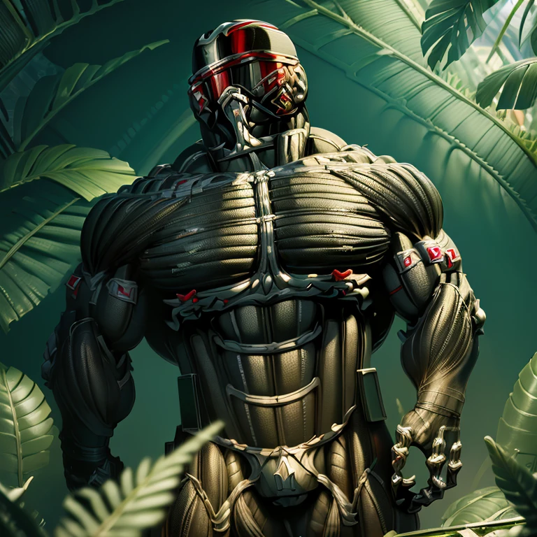 8K, Masterpiece, highres, red visor, Detailed, full body, Detailed abs, wearing crNanosuit, big muscle (pecs, triceps, traps) unusually developed muscular body, body full of huge muscles. showing off muscles, pectorales enormes. Exaggeratedly huge muscles. Gigachad Muscular, gigantic muscles, giant, HYPER MUSCLE