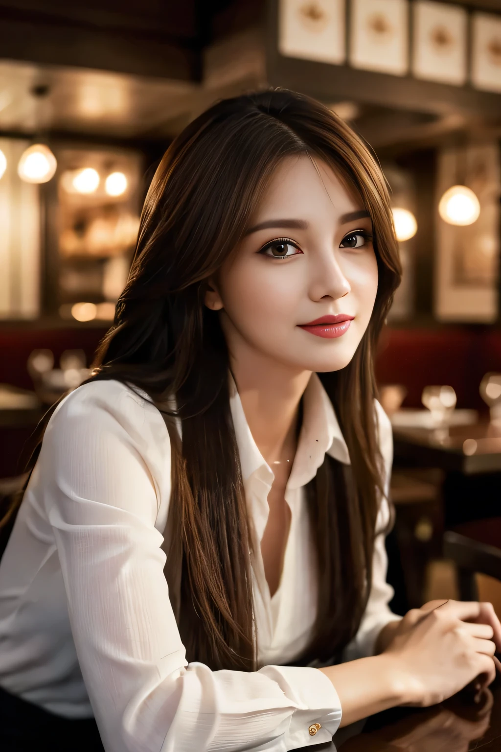masterpiece, highest quality, Realistic, Very detailed, Finer details, High resolution, 8k wallpaper, One beautiful woman, Wear casual business attire, In a great restaurant, At night, Light brown messy hair, Perfect dynamic composition, Beautiful and beautiful eyes