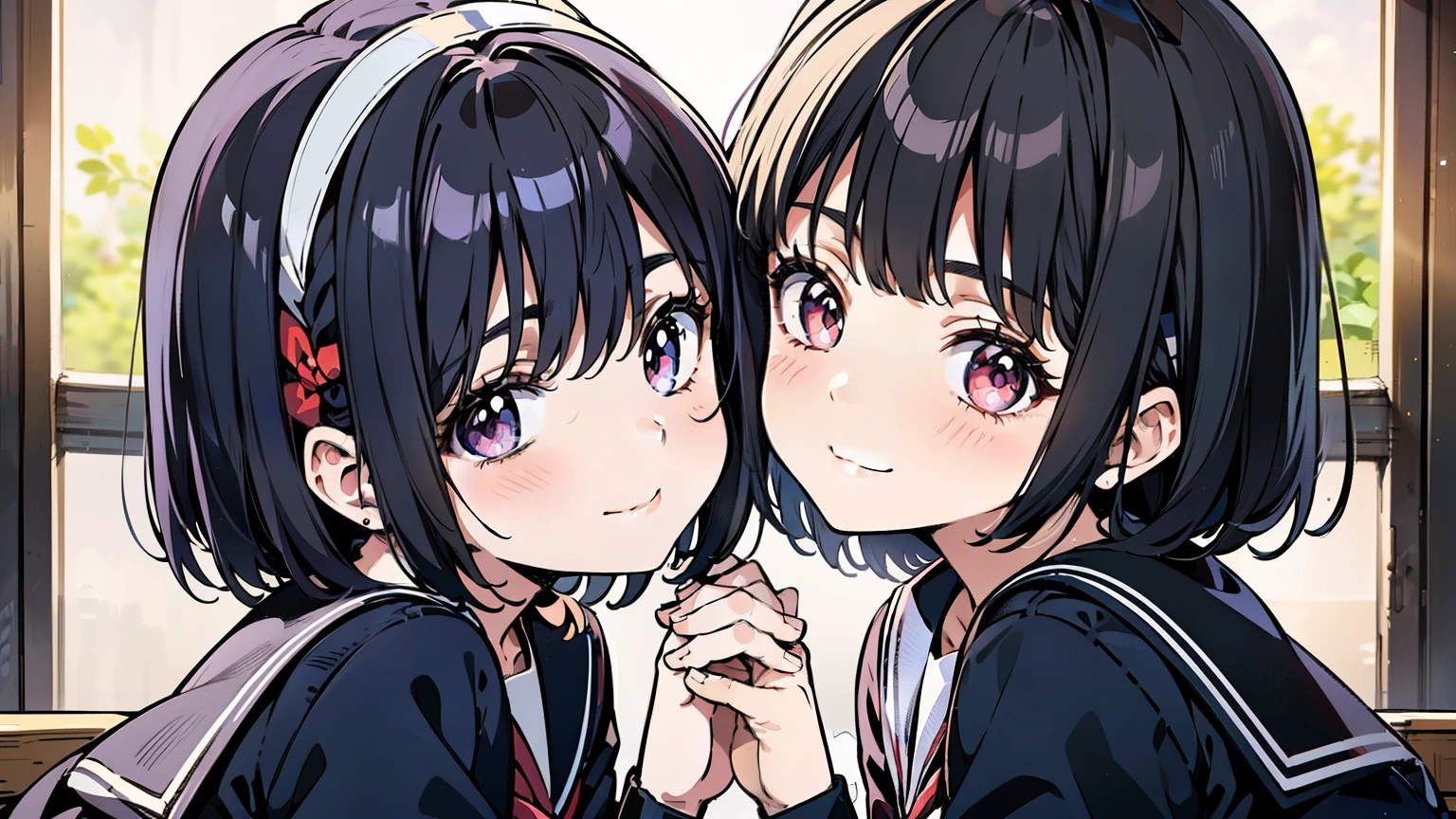 sailor uniform, sailor suit, 2 women, (A beauty woman, Delicate high school girl:1.3), 8K, highest quality, masterpiece, Very detailed, Ultra-high resolution, Realistic, RAW Photos, Absolute Resolution, Black Hair, Bobcut, Small face compared to body, Very small face, Black Hair, Navy blue sailor suit, Navy Blue Skirt, High school girl in sailor suit, 2D Rendering of Anime, Realistic若いアニメの女子高生, , ((White headband)), Small breasts, tall, Slanted Eyes, First Child Purple Eyes, Second  Red Eyes, Black Stockings, garter belt, smile, Schoolyard, (Pressing their faces together:1.3), Top-down position,