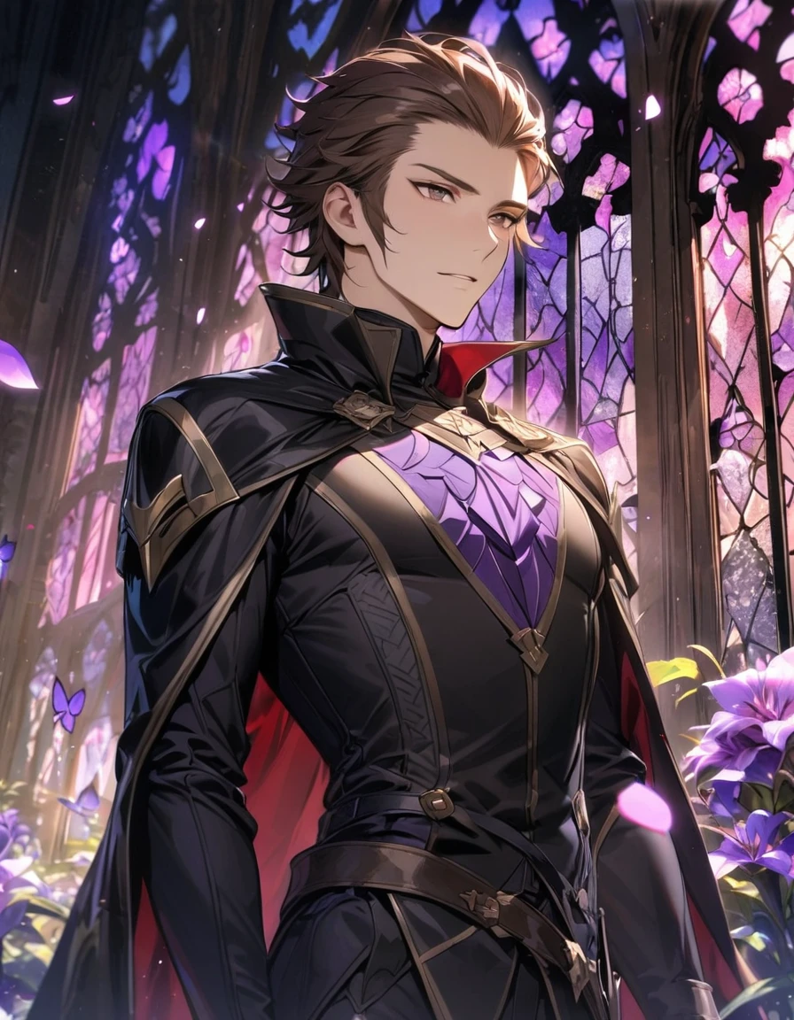 absurdres, highres, ultra detailed, HDR, master piece, best quality, Gerome, brown hair, expressive brown eyes, Fire Emblem Awakening, black cape, black tight shirt, solo, sexy man, handsome, glass stained window, purple shining butterflies, purple lilies, purple petals, garden