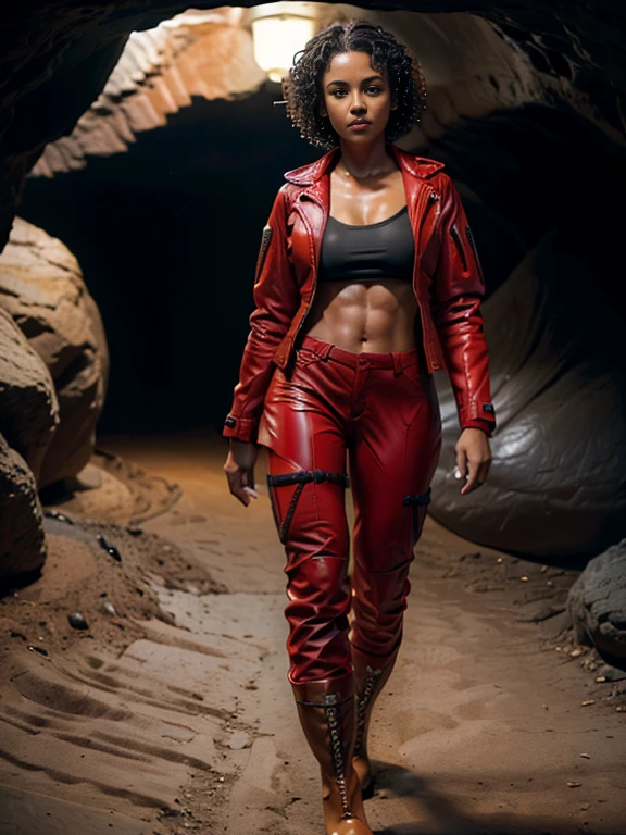 (best quality:1.5), (hyperrealistic:1.5), (25_year_old_american_woman), (skin texture:1.1), (high detail face:1.1), (curly_french_bob_short_black_haired), brown_eyed, high detail body, high detail clothes, (masterpiece), (realistic), ultra high definition, 4k, ultra high resolution, film grain, cinematic lighting, rim lighting, (front_view), (tanned_capuccino_skin), (walking_inside_a_nebulous_cave), (toned_body), ((wearing_red_tactical_jacket, red_long_pants, red_boots)