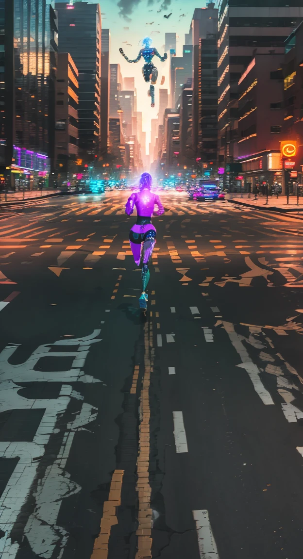 A cyborg girl is jogging down the street of a big city, passersby watching her with interest, high quality, Absurd, Masterpiece, Beautiful, complex parts, 1/2 body crops, slender body, Beautiful figure, Magnificent Anatomy, (complex parts:1.12), HDR, (complex parts, hyper detail:1.15), (natural skin textures, Hyperrealistic, soft light, Spicy:1.2)