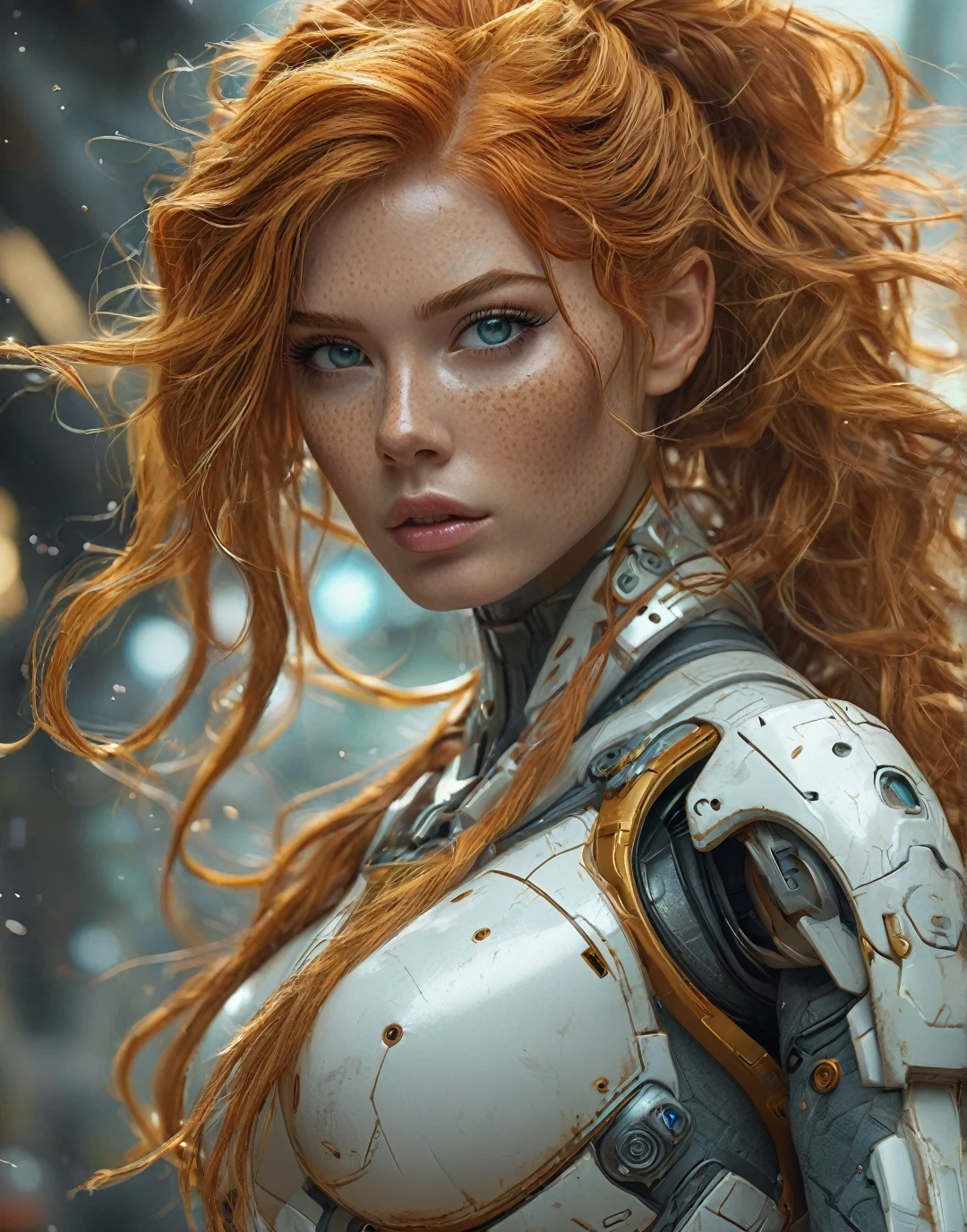 cyborg (crazy long ginger wild hair), cinematic shot, epic pose, futuristic weapon, full artwork, fine detail, perfect beautiful cute face with freckles, nice legs, cute crisp eyes, nice perfect face with soft skin, nice perfect face, concept art portrait by Greg Rutkowski, extremely beautiful face, white hair, ginger side hair color, ginger back hair, fantasy artwork