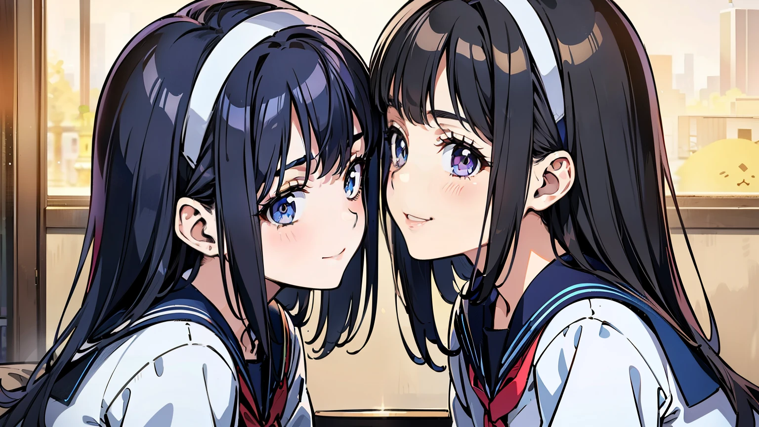 sailor uniform, sailor suit, 2 women, (A beauty woman, Delicate high school girl:1.3), 8K, highest quality, masterpiece, Very detailed, Ultra-high resolution, Realistic, RAW Photos, Absolute Resolution, Black Hair, Bobcut, Small face compared to body, Very small face, Black Hair, Navy blue sailor suit, Navy Blue Skirt, High school girl in sailor suit, 2D Rendering of Anime, Realistic若いアニメの女子高生, , ((White headband)), Small breasts, tall, Slanted Eyes, First  Purple Eyes, Second , blue eyes, Black Stockings, garter belt, smile, Schoolyard, (Pressing their faces together:1.3), Top-down position,