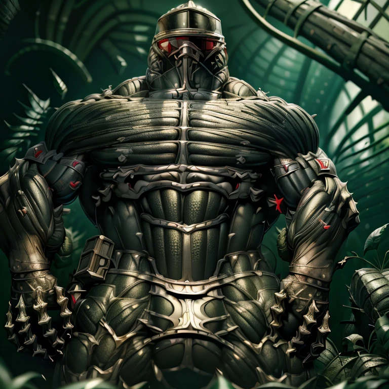 8K, Masterpiece, highres, red visor, Detailed, full body, Detailed abs, wearing crNanosuit, big muscle (pecs, triceps, traps) unusually developed muscular body, body full of huge muscles. showing off muscles, pectorales enormes. Exaggeratedly huge muscles. Gigachad Muscular, gigantic muscles, giant, HYPER MUSCLE