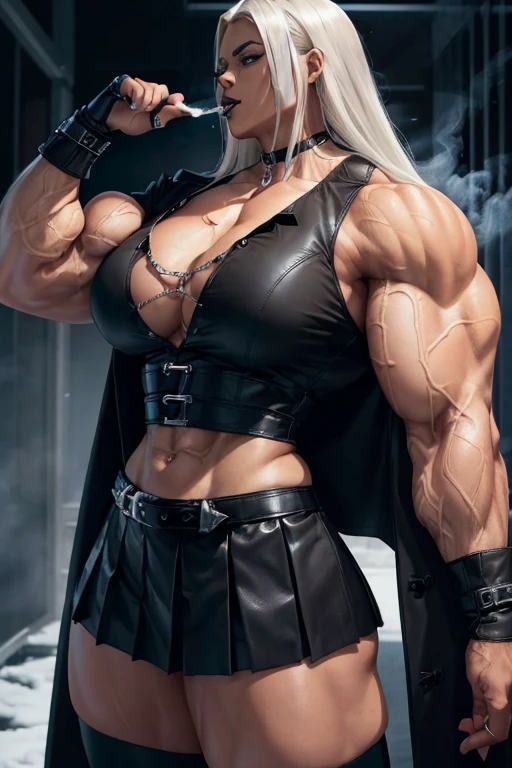 ((((Massive tall, beautiful, buff, brown skinned muscular woman with white hair, black lipstick, ginormous bulky muscles, blowing a kiss and wearing an half button down black blouse with pleated skirt and leather coat)))), close view, ((black lipstick)), massive muscle, massive biceps, hyper muscle shoulders, ((ginormous muscle arms)), hyper muscle triceps, (long hair), blue eyes, choker, (chain belt), black coat, black boots, (fingerless gloves), (ice smoke surrounding the body), in a darken skyscraper office, sexy glare, night, hyper vascular arm, hyper muscles arms, hyper muscle legs, (ginormous arms).