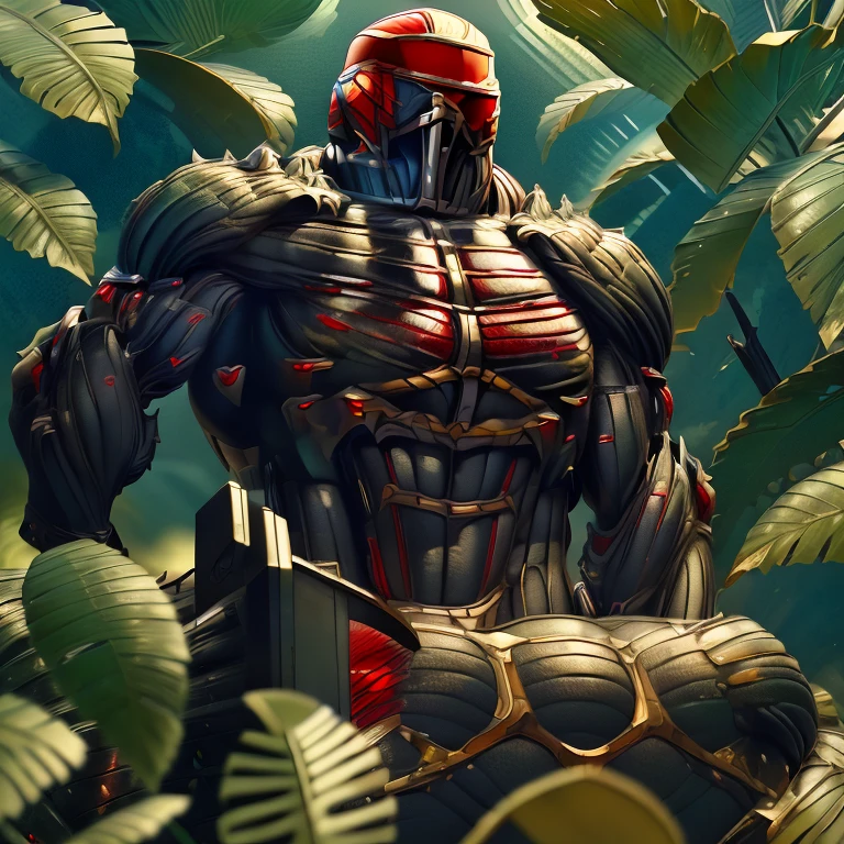 8K, Masterpiece, highres, red visor, Detailed, full body, Detailed abs, wearing crNanosuit, big muscle (pecs, triceps, traps) unusually developed muscular body, body full of huge muscles. showing off muscles, pectorales enormes. Exaggeratedly huge muscles. Gigachad Muscular, gigantic muscles, giant, HYPER MUSCLE