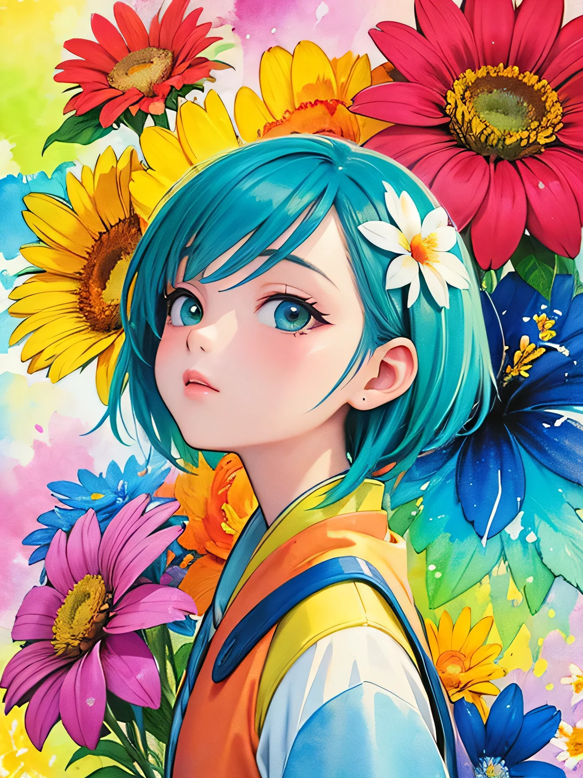 akira toriyama style、8K Quality、Intense watercolor, Detailed watercolor art, Watercolor splash, Surreal, avant-garde pop art, Beautiful and expressive paintings, Beautiful artwork illustration, Very colorful tones, wonderful, Cool beauty, highest quality、Official Art, Vector art, Stylish design, ((The most beautiful girl of all time)), (((highest quality))), HDR, ((detailed)), (((Doodle Art)), ((masterpiece)), ((Super detailed)), (((Colorful flowers))),